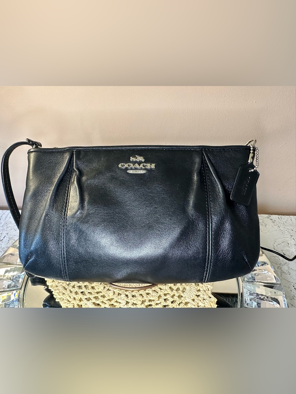 Coach Black Leather Wristlet/Clutch with Silver Hardware